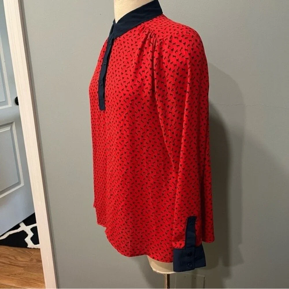 Free People Red & Blue Tiny Horse Print Oversize Top Blouse Size Small